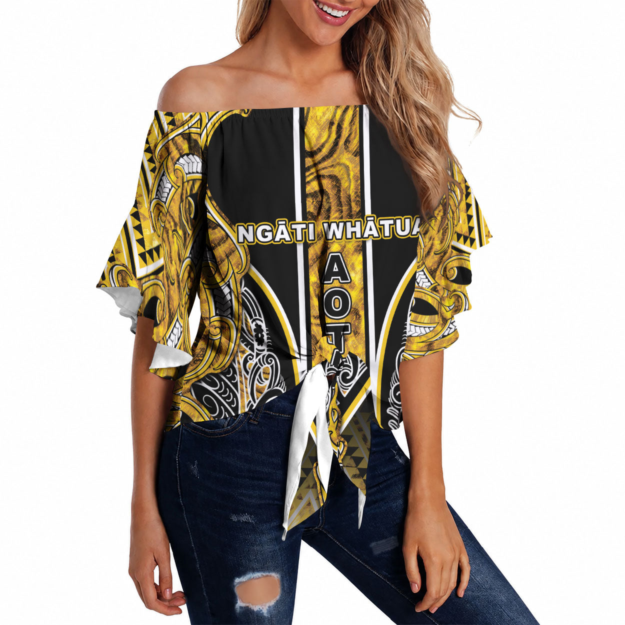 Aotearoa Ngati Whatua Off Shoulder Wrap Waist Top Maori Tribal Gold Paua Shell Pattern