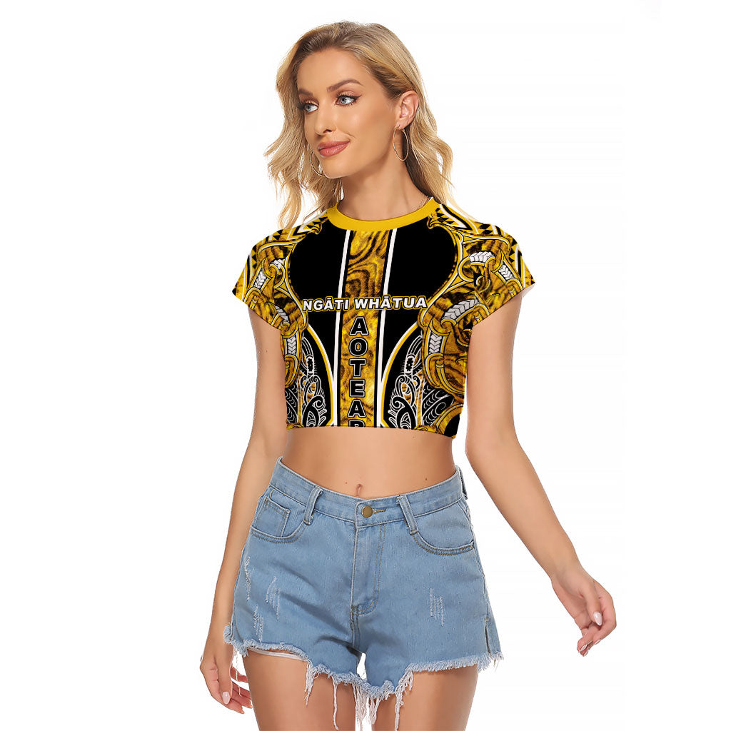 Aotearoa Ngati Whatua Raglan Cropped T Shirt Maori Tribal Gold Paua Shell Pattern
