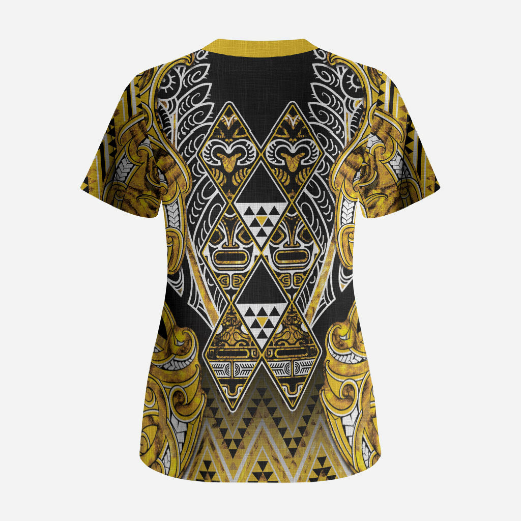 Aotearoa Ngati Whatua Scrub Top Maori Tribal Gold Paua Shell Pattern