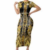 Aotearoa Ngati Whatua Short Sleeve Bodycon Dress Maori Tribal Gold Paua Shell Pattern