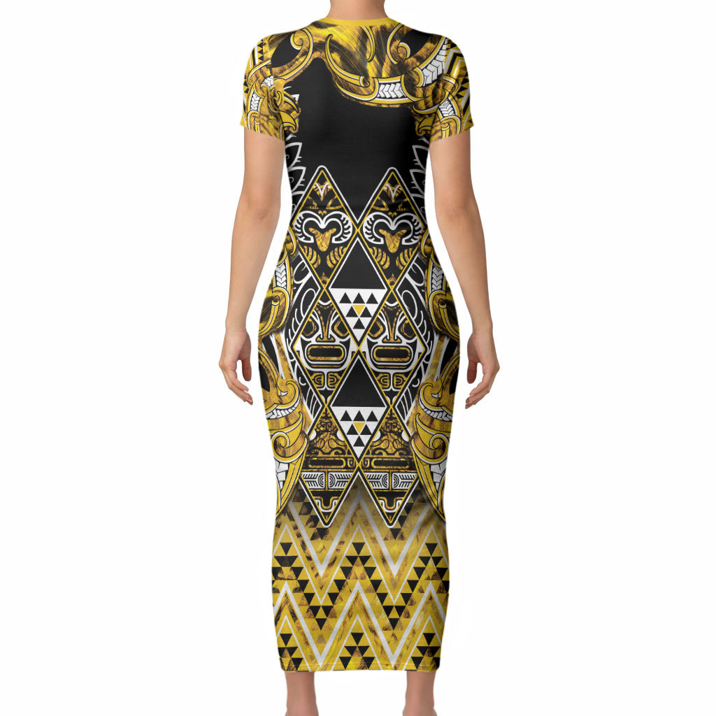 Aotearoa Ngati Whatua Short Sleeve Bodycon Dress Maori Tribal Gold Paua Shell Pattern