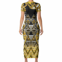 Aotearoa Ngati Whatua Short Sleeve Bodycon Dress Maori Tribal Gold Paua Shell Pattern
