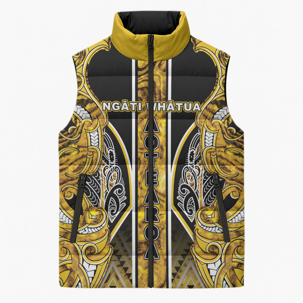 Aotearoa Ngati Whatua Sleeveless Puffer Jacket Maori Tribal Gold Paua Shell Pattern