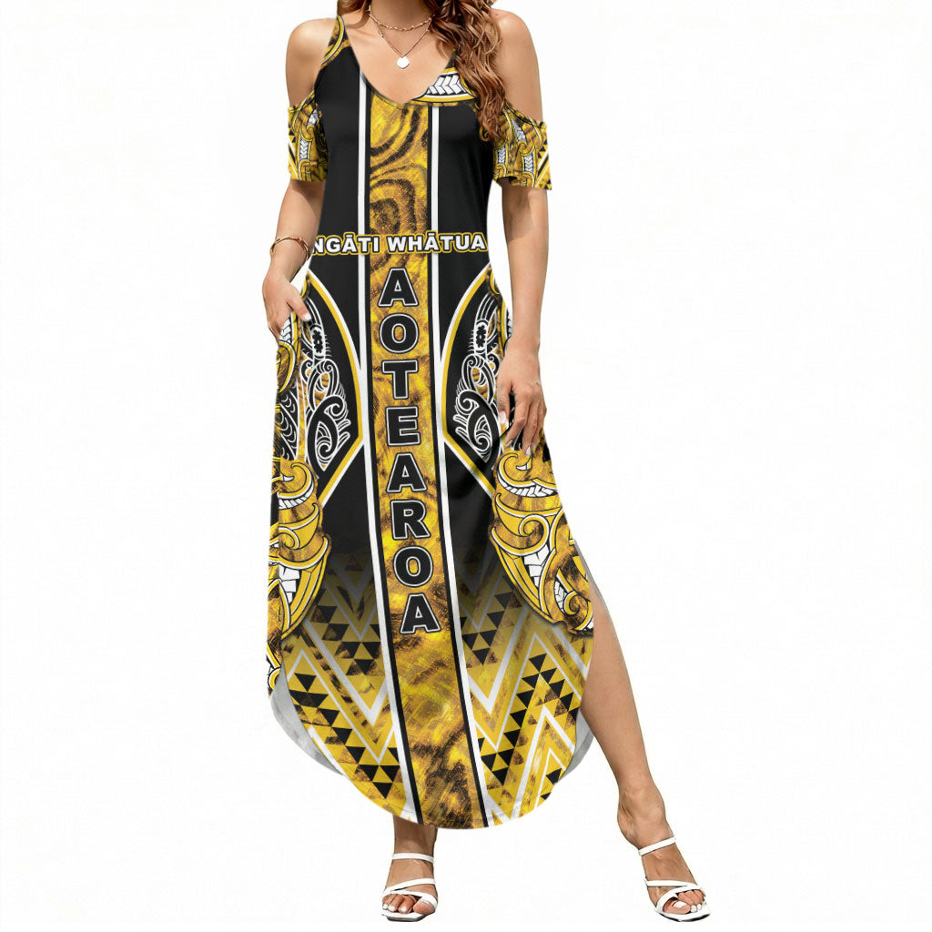 Aotearoa Ngati Whatua Summer Maxi Dress Maori Tribal Gold Paua Shell Pattern