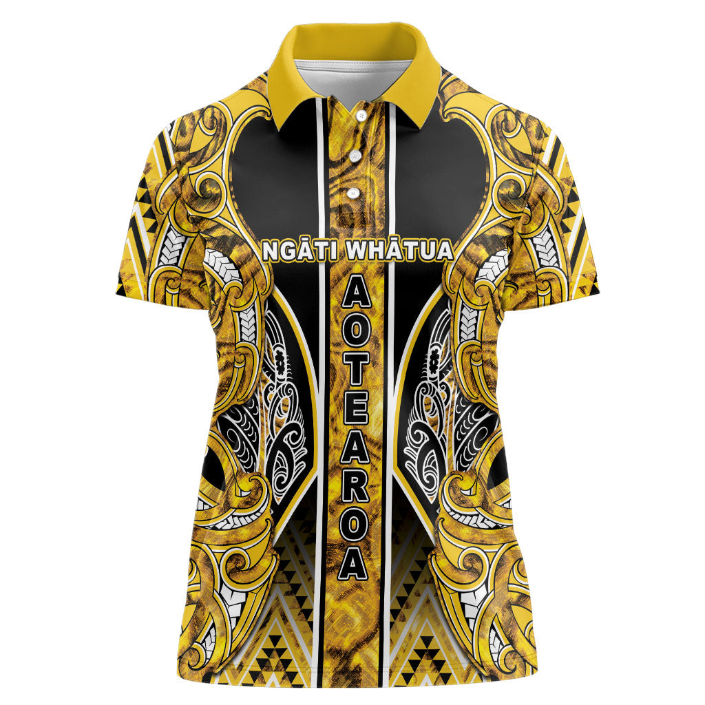 Aotearoa Ngati Whatua Women Polo Shirt Maori Tribal Gold Paua Shell Pattern