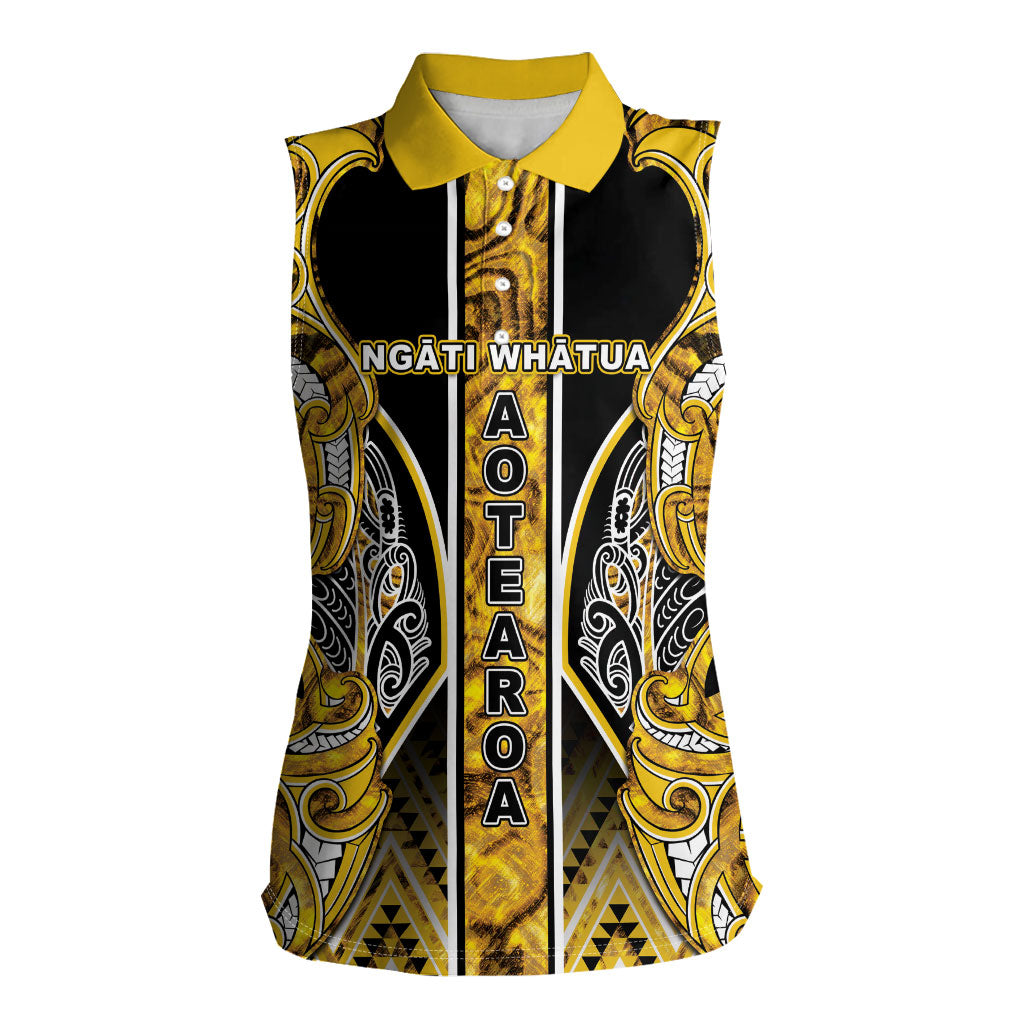 Aotearoa Ngati Whatua Women Sleeveless Polo Shirt Maori Tribal Gold Paua Shell Pattern