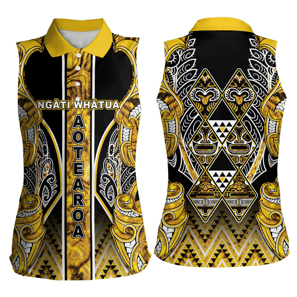 Aotearoa Ngati Whatua Women Sleeveless Polo Shirt Maori Tribal Gold Paua Shell Pattern