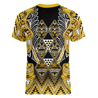 Aotearoa Ngati Whatua Women V-Neck T-Shirt Maori Tribal Gold Paua Shell Pattern