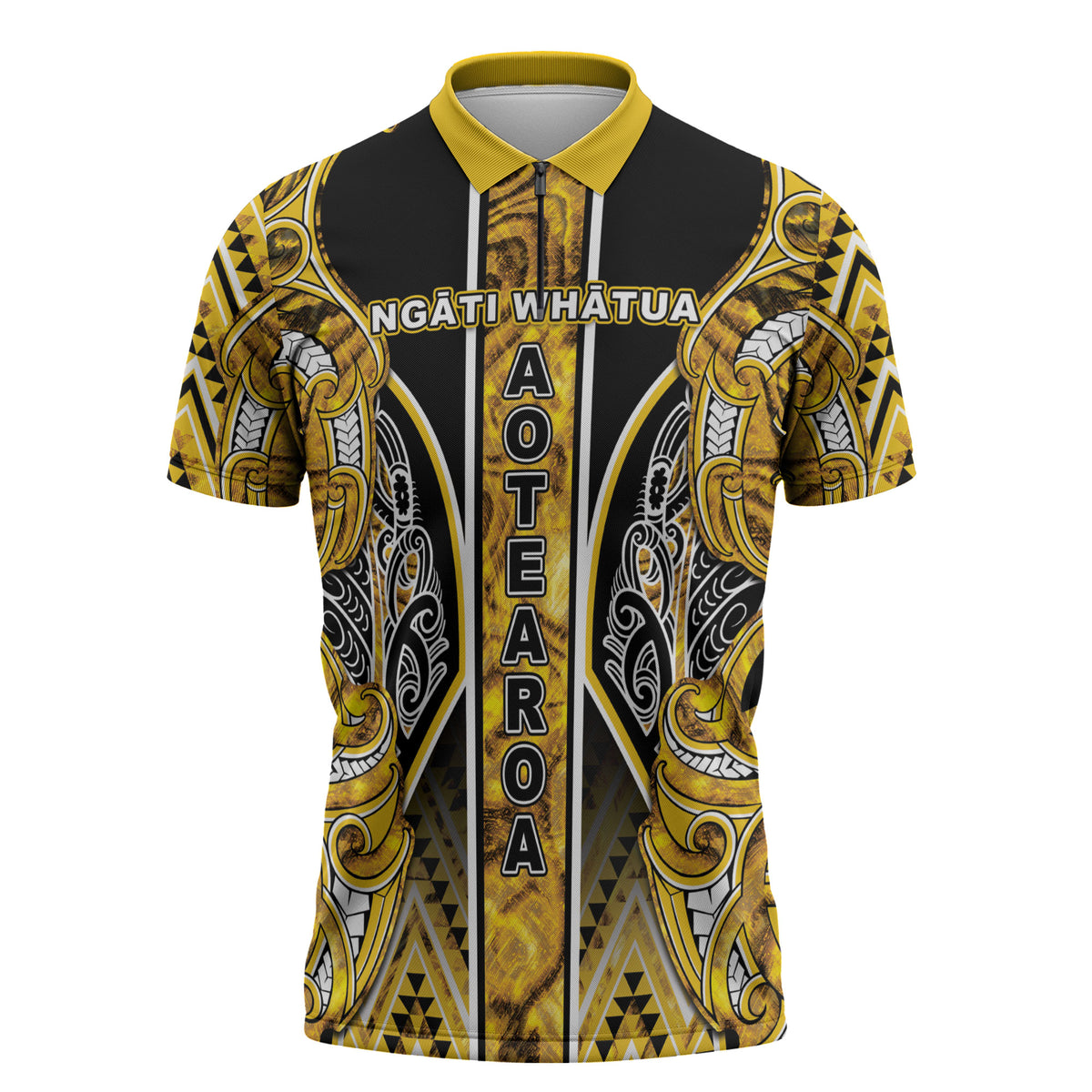 Aotearoa Ngati Whatua Zipper Polo Shirt Maori Tribal Gold Paua Shell Pattern