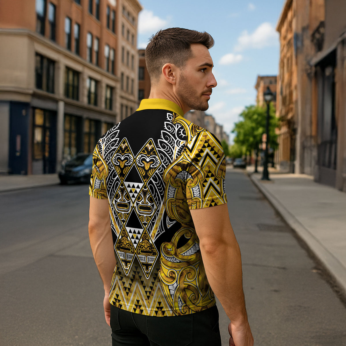 Aotearoa Ngati Whatua Zipper Polo Shirt Maori Tribal Gold Paua Shell Pattern