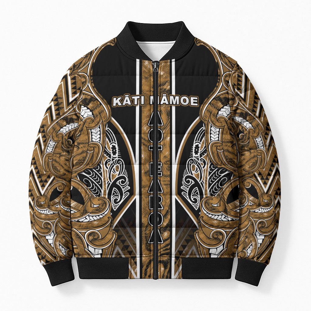 Aotearoa Kati Mamoe Bomber Puffer Jacket Maori Brown Tribal Paua Shell Pattern