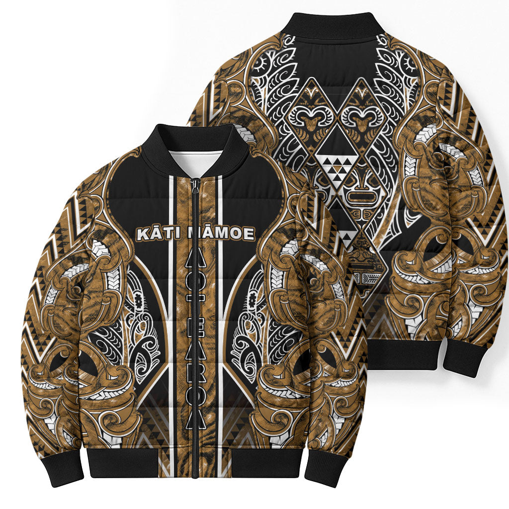 Aotearoa Kati Mamoe Bomber Puffer Jacket Maori Brown Tribal Paua Shell Pattern