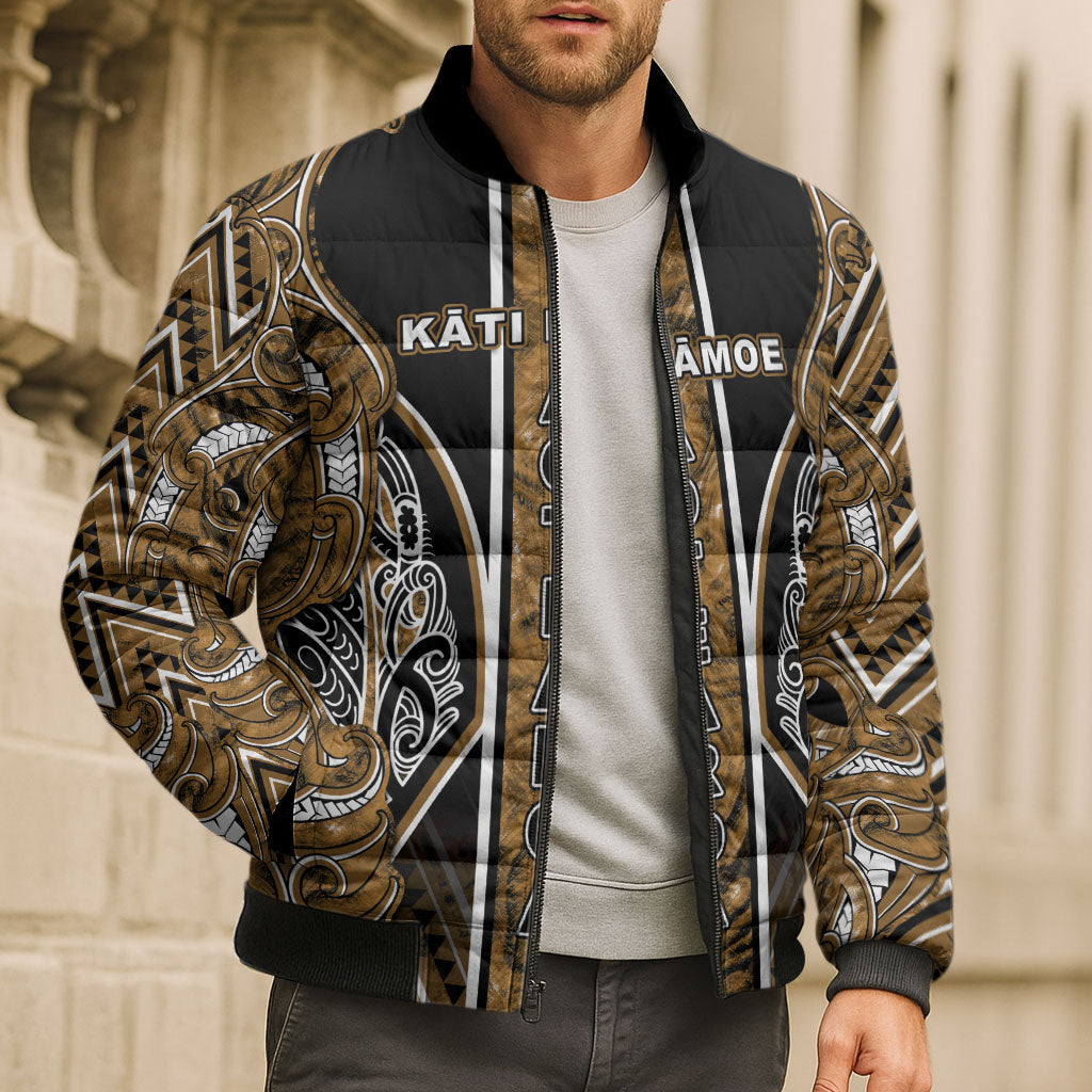 Aotearoa Kati Mamoe Bomber Puffer Jacket Maori Brown Tribal Paua Shell Pattern