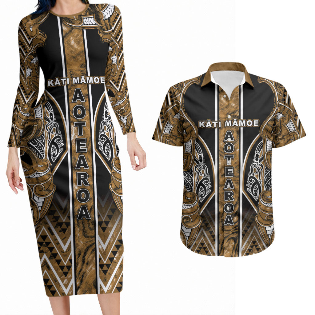 Aotearoa Kati Mamoe Couples Matching Long Sleeve Bodycon Dress and Hawaiian Shirt Maori Brown Tribal Paua Shell Pattern DT05 Brown - Polynesian Pride