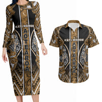 Aotearoa Kati Mamoe Couples Matching Long Sleeve Bodycon Dress and Hawaiian Shirt Maori Brown Tribal Paua Shell Pattern