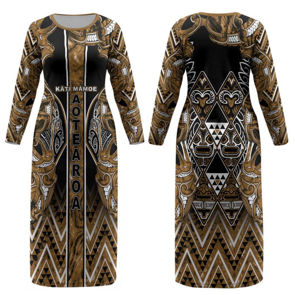 Aotearoa Kati Mamoe Couples Matching Long Sleeve Bodycon Dress and Hawaiian Shirt Maori Brown Tribal Paua Shell Pattern