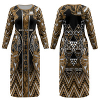 Aotearoa Kati Mamoe Couples Matching Long Sleeve Bodycon Dress and Hawaiian Shirt Maori Brown Tribal Paua Shell Pattern