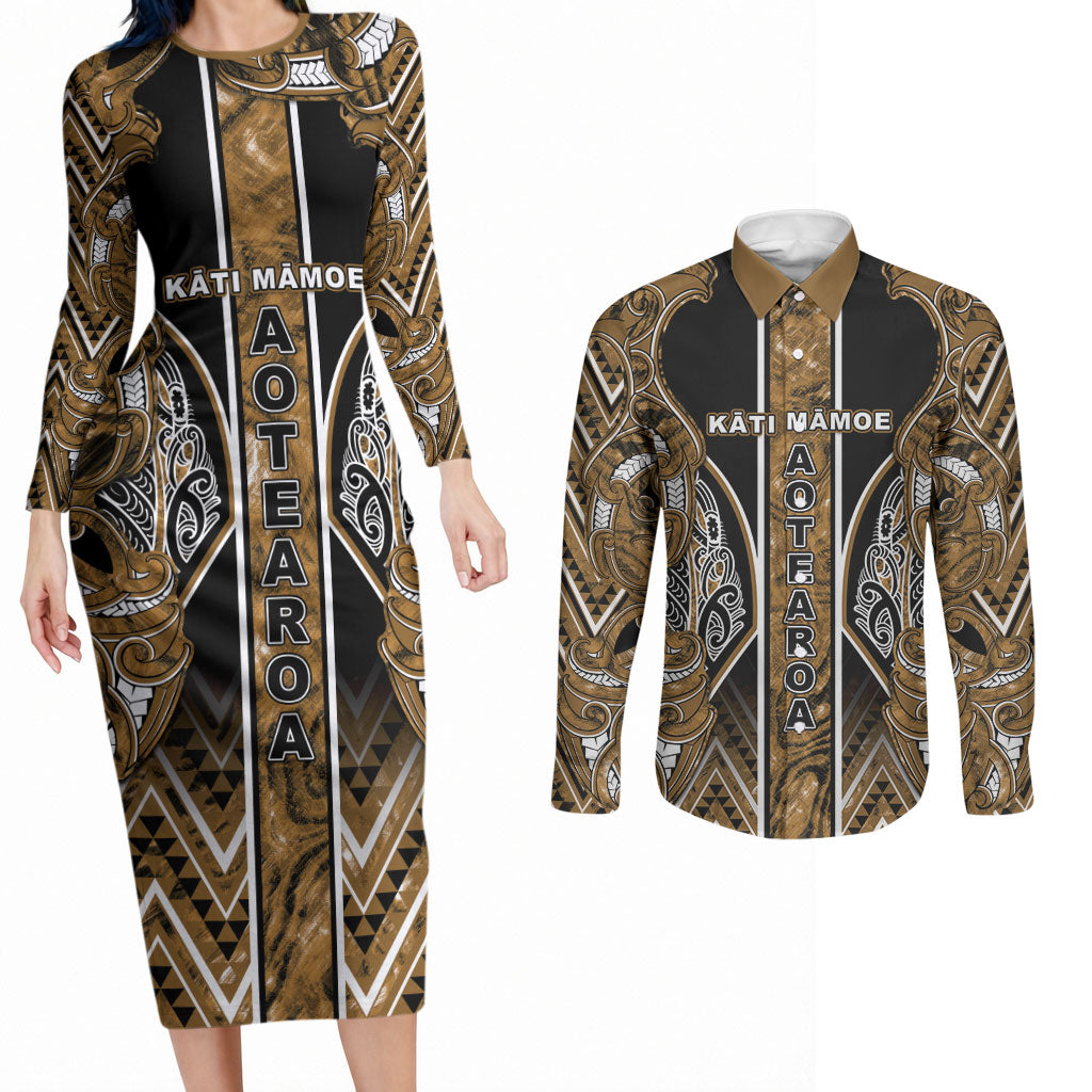 Aotearoa Kati Mamoe Couples Matching Long Sleeve Bodycon Dress and Long Sleeve Button Shirt Maori Brown Tribal Paua Shell Pattern DT05 Brown - Polynesian Pride