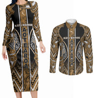 Aotearoa Kati Mamoe Couples Matching Long Sleeve Bodycon Dress and Long Sleeve Button Shirt Maori Brown Tribal Paua Shell Pattern