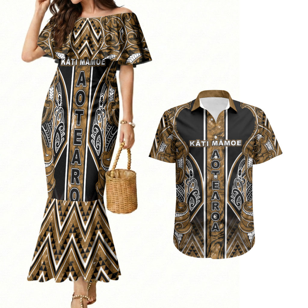Aotearoa Kati Mamoe Couples Matching Mermaid Dress and Hawaiian Shirt Maori Brown Tribal Paua Shell Pattern