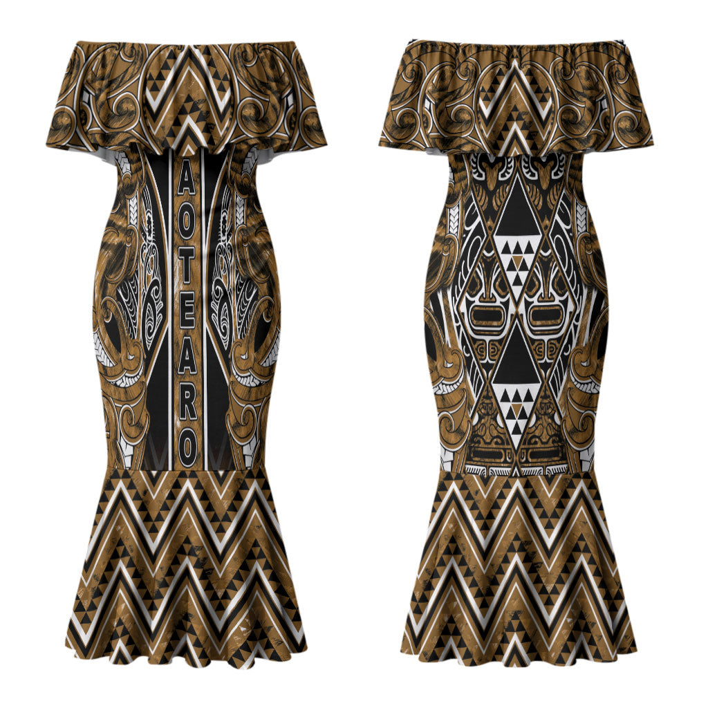 Aotearoa Kati Mamoe Couples Matching Mermaid Dress and Hawaiian Shirt Maori Brown Tribal Paua Shell Pattern