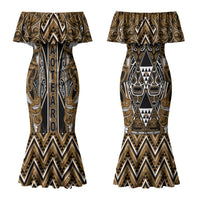 Aotearoa Kati Mamoe Couples Matching Mermaid Dress and Long Sleeve Button Shirt Maori Brown Tribal Paua Shell Pattern
