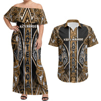 Aotearoa Kati Mamoe Couples Matching Off Shoulder Maxi Dress and Hawaiian Shirt Maori Brown Tribal Paua Shell Pattern