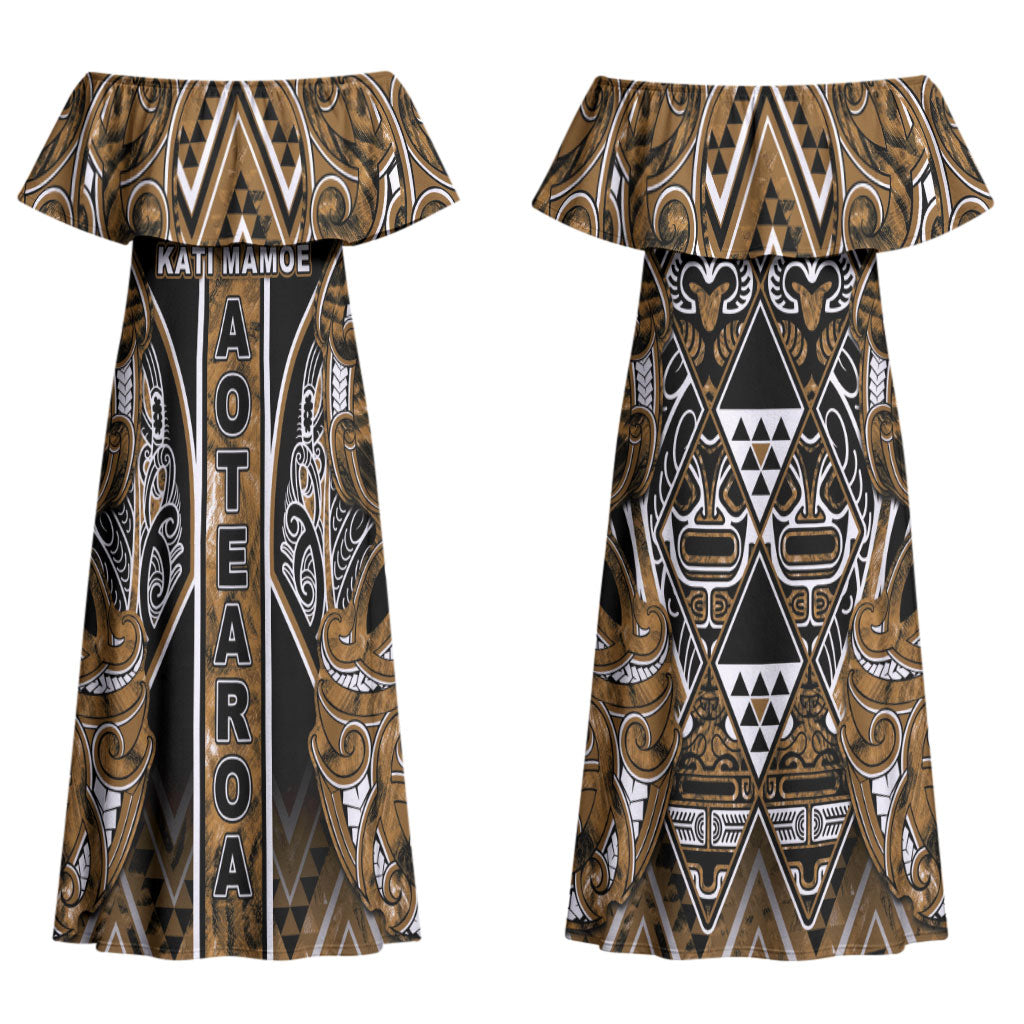 Aotearoa Kati Mamoe Couples Matching Off Shoulder Maxi Dress and Hawaiian Shirt Maori Brown Tribal Paua Shell Pattern
