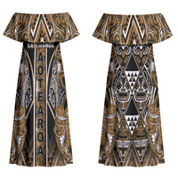 Aotearoa Kati Mamoe Couples Matching Off Shoulder Maxi Dress and Hawaiian Shirt Maori Brown Tribal Paua Shell Pattern