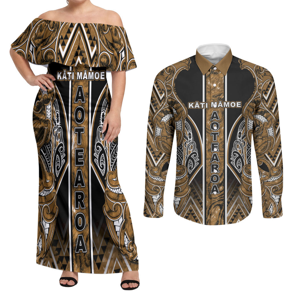 Aotearoa Kati Mamoe Couples Matching Off Shoulder Maxi Dress and Long Sleeve Button Shirt Maori Brown Tribal Paua Shell Pattern