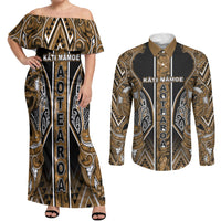 Aotearoa Kati Mamoe Couples Matching Off Shoulder Maxi Dress and Long Sleeve Button Shirt Maori Brown Tribal Paua Shell Pattern