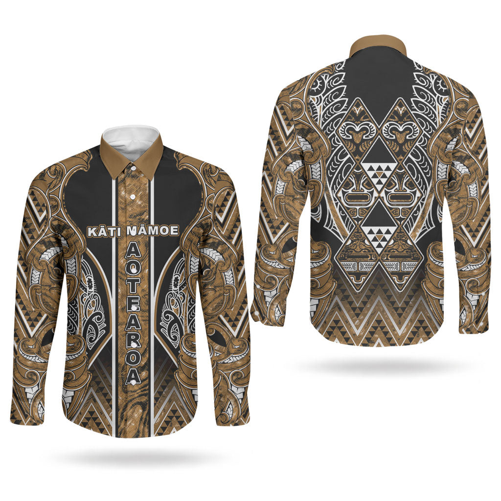 Aotearoa Kati Mamoe Couples Matching Off Shoulder Maxi Dress and Long Sleeve Button Shirt Maori Brown Tribal Paua Shell Pattern