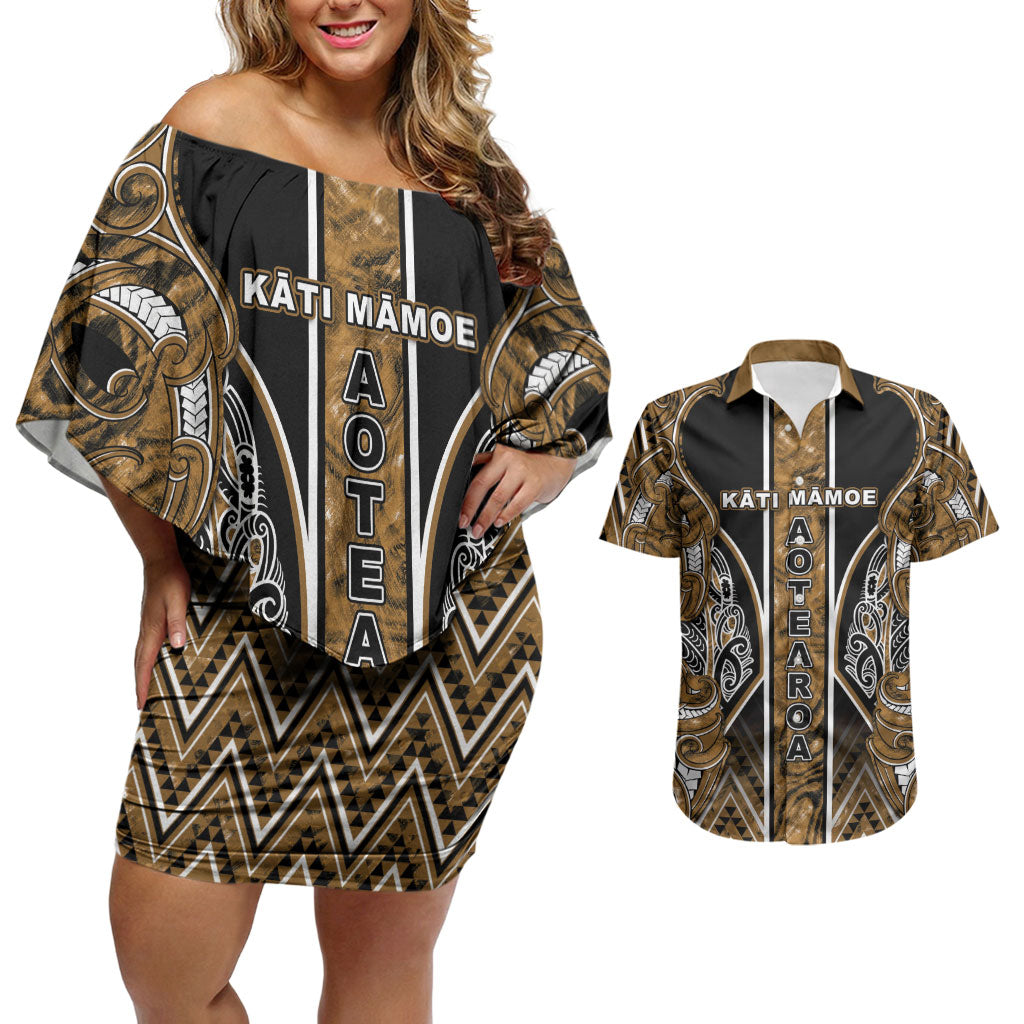 Aotearoa Kati Mamoe Couples Matching Off Shoulder Short Dress and Hawaiian Shirt Maori Brown Tribal Paua Shell Pattern DT05 Brown - Polynesian Pride