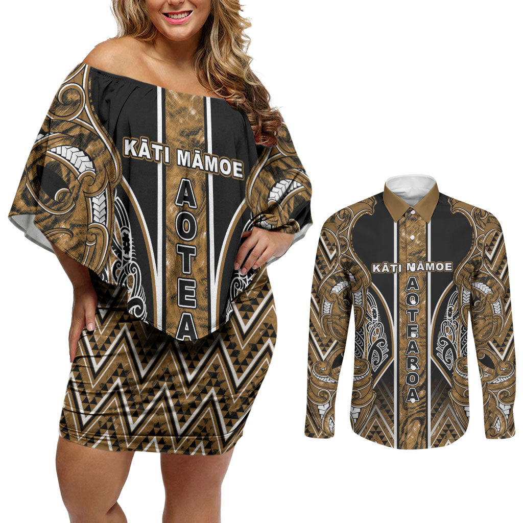 Aotearoa Kati Mamoe Couples Matching Off Shoulder Short Dress and Long Sleeve Button Shirt Maori Brown Tribal Paua Shell Pattern