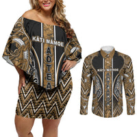 Aotearoa Kati Mamoe Couples Matching Off Shoulder Short Dress and Long Sleeve Button Shirt Maori Brown Tribal Paua Shell Pattern
