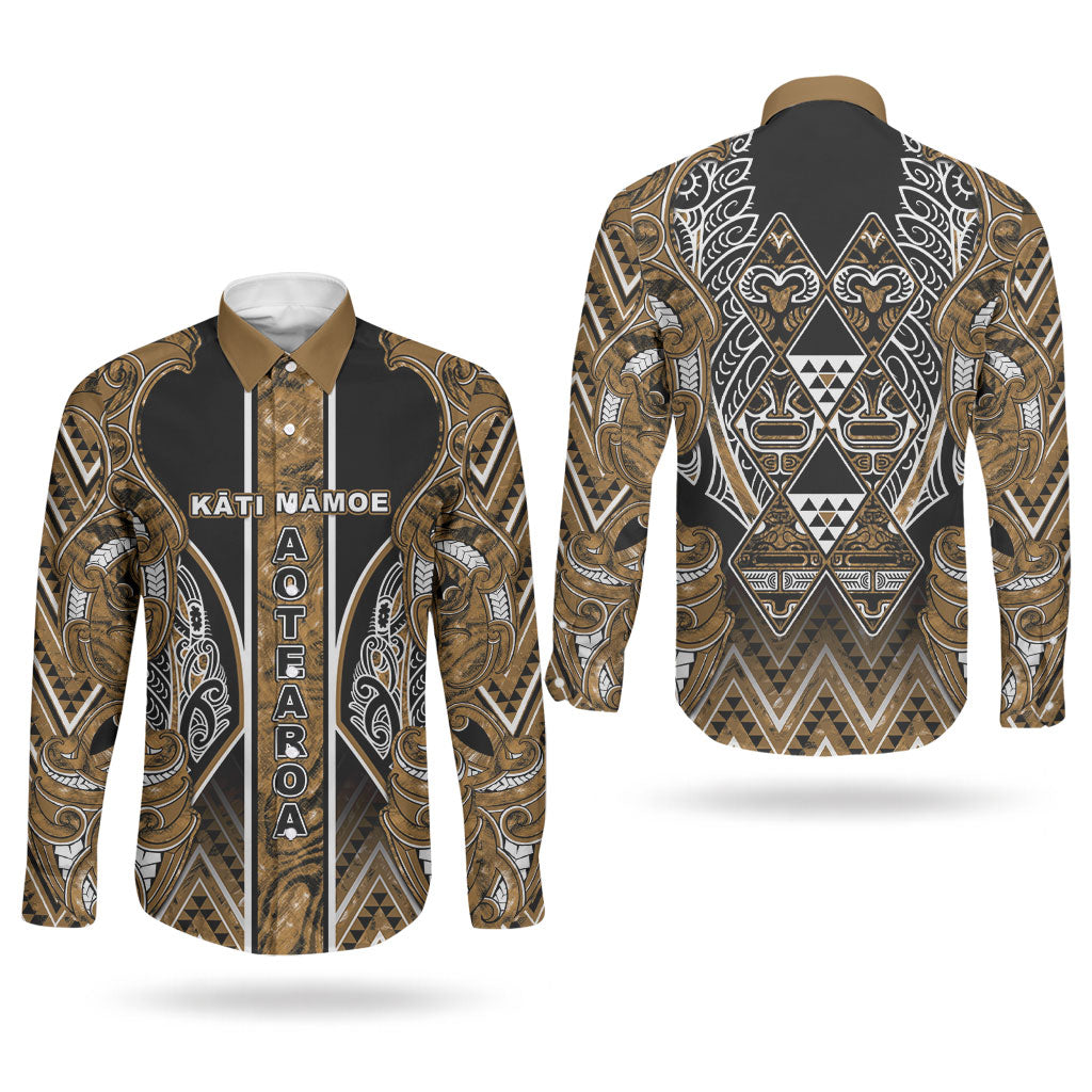 Aotearoa Kati Mamoe Couples Matching Off Shoulder Short Dress and Long Sleeve Button Shirt Maori Brown Tribal Paua Shell Pattern