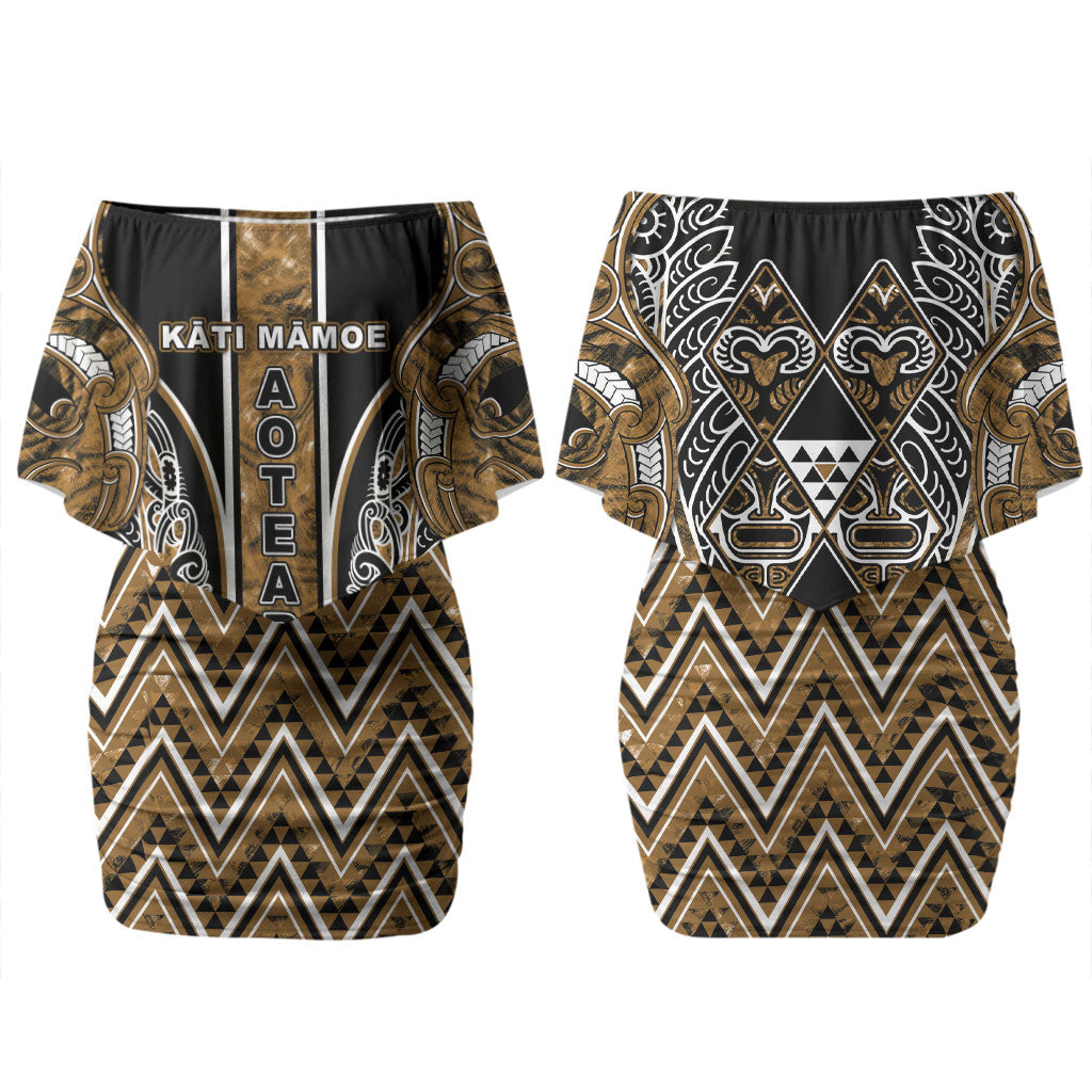 Aotearoa Kati Mamoe Couples Matching Off Shoulder Short Dress and Long Sleeve Button Shirt Maori Brown Tribal Paua Shell Pattern