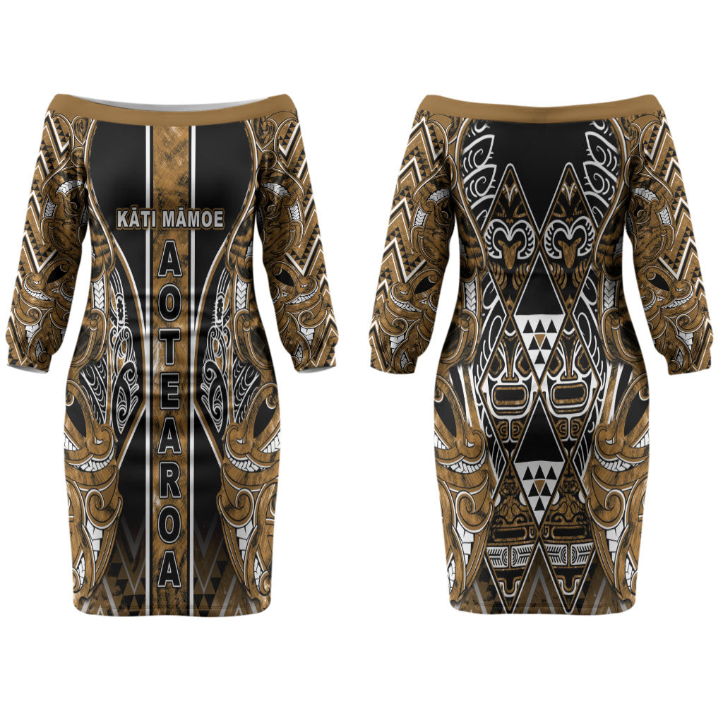 Aotearoa Kati Mamoe Couples Matching Off The Shoulder Long Sleeve Dress and Hawaiian Shirt Maori Brown Tribal Paua Shell Pattern