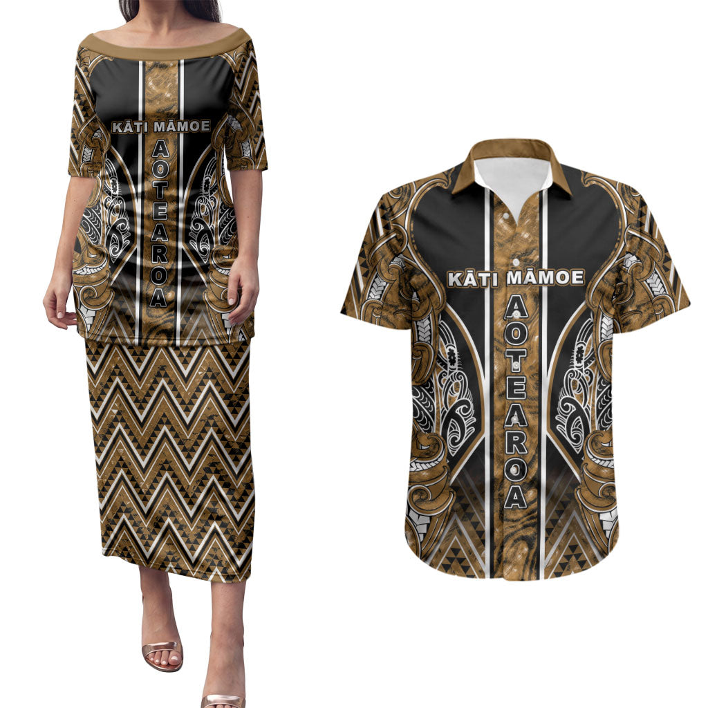 Aotearoa Kati Mamoe Couples Matching Puletasi and Hawaiian Shirt Maori Brown Tribal Paua Shell Pattern
