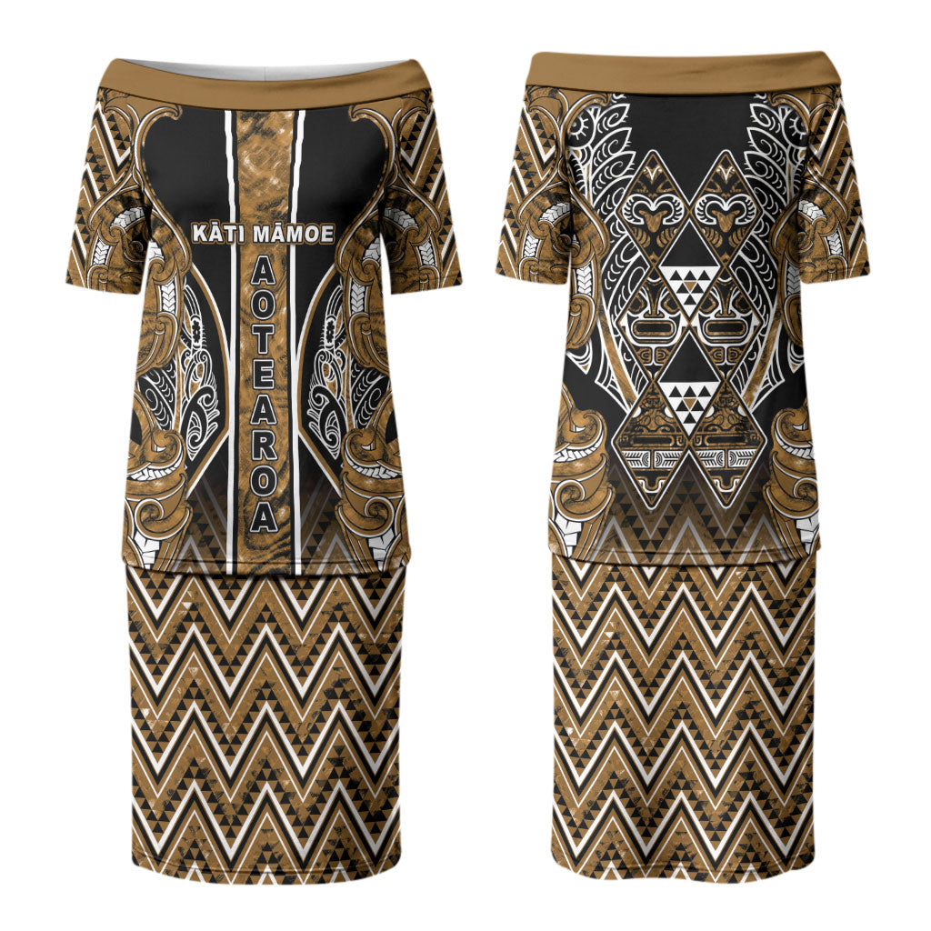 Aotearoa Kati Mamoe Couples Matching Puletasi and Hawaiian Shirt Maori Brown Tribal Paua Shell Pattern