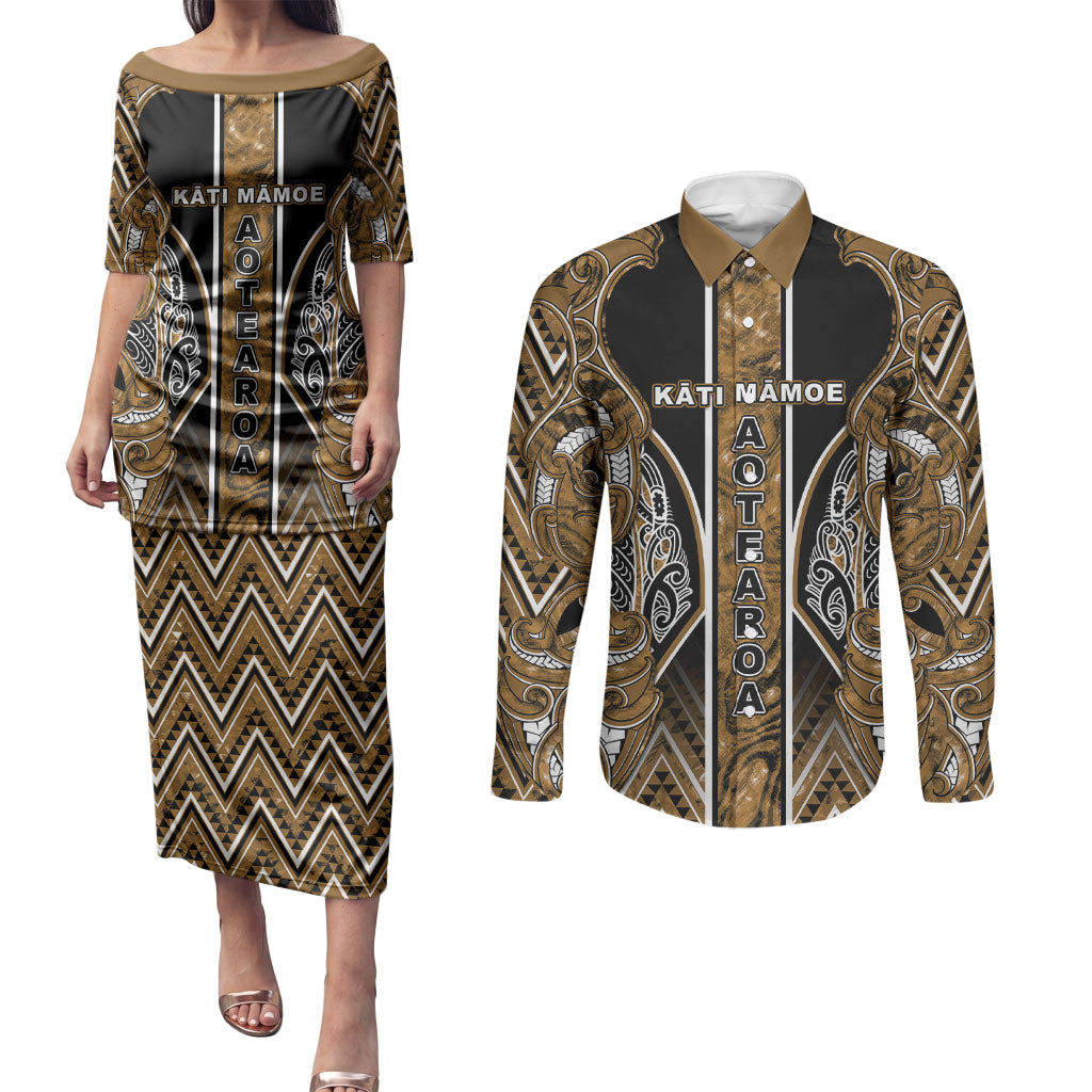 Aotearoa Kati Mamoe Couples Matching Puletasi and Long Sleeve Button Shirt Maori Brown Tribal Paua Shell Pattern DT05 Brown - Polynesian Pride