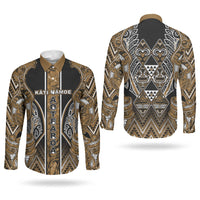 Aotearoa Kati Mamoe Couples Matching Puletasi and Long Sleeve Button Shirt Maori Brown Tribal Paua Shell Pattern