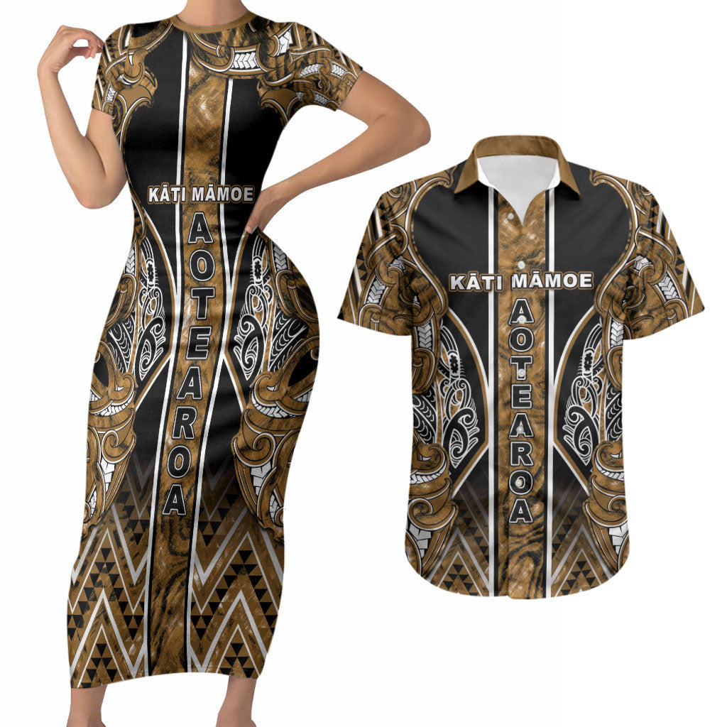 Aotearoa Kati Mamoe Couples Matching Short Sleeve Bodycon Dress and Hawaiian Shirt Maori Brown Tribal Paua Shell Pattern