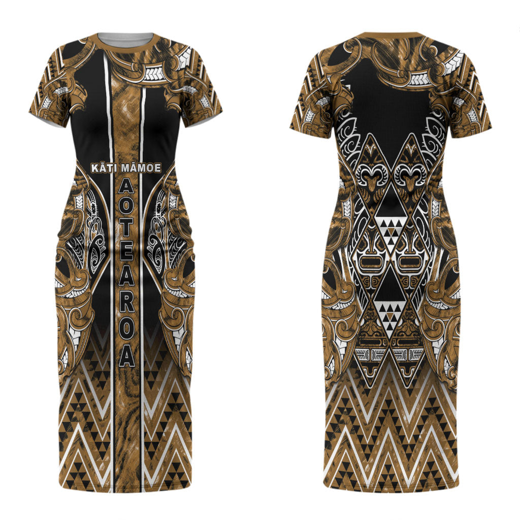 Aotearoa Kati Mamoe Couples Matching Short Sleeve Bodycon Dress and Hawaiian Shirt Maori Brown Tribal Paua Shell Pattern