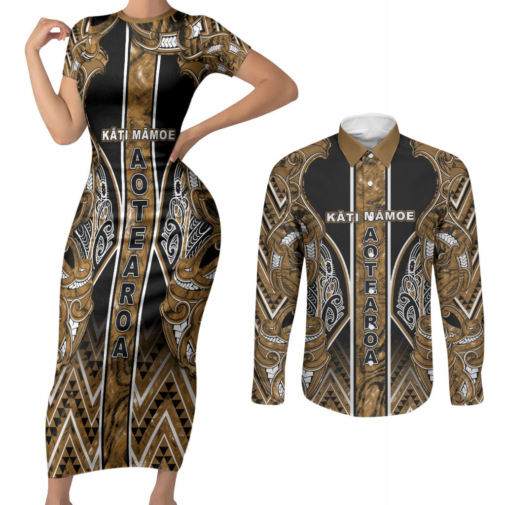 Aotearoa Kati Mamoe Couples Matching Short Sleeve Bodycon Dress and Long Sleeve Button Shirt Maori Brown Tribal Paua Shell Pattern DT05 Brown - Polynesian Pride