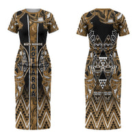 Aotearoa Kati Mamoe Couples Matching Short Sleeve Bodycon Dress and Long Sleeve Button Shirt Maori Brown Tribal Paua Shell Pattern