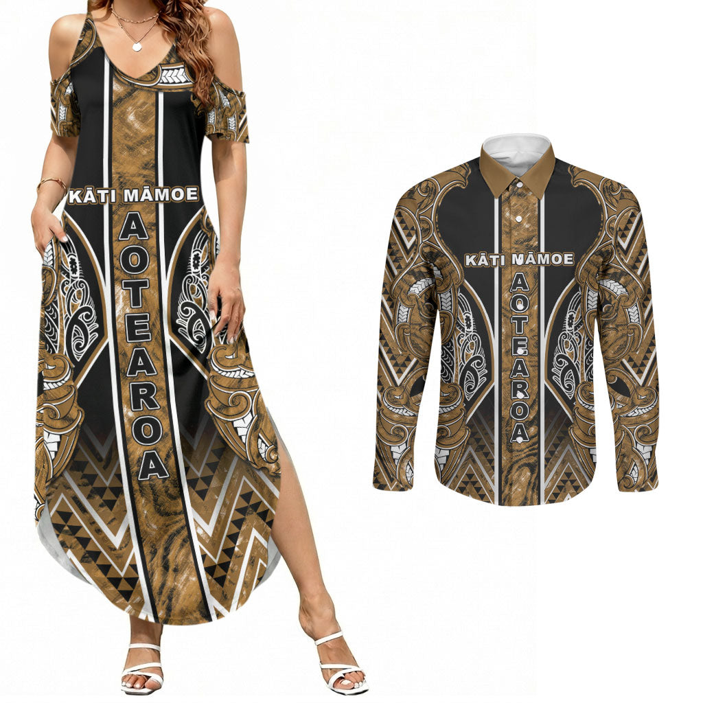 Aotearoa Kati Mamoe Couples Matching Summer Maxi Dress and Long Sleeve Button Shirt Maori Brown Tribal Paua Shell Pattern DT05 Brown - Polynesian Pride