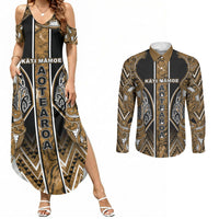 Aotearoa Kati Mamoe Couples Matching Summer Maxi Dress and Long Sleeve Button Shirt Maori Brown Tribal Paua Shell Pattern