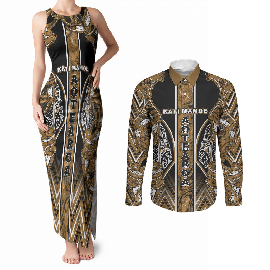 Aotearoa Kati Mamoe Couples Matching Tank Maxi Dress and Long Sleeve Button Shirt Maori Brown Tribal Paua Shell Pattern DT05 Brown - Polynesian Pride
