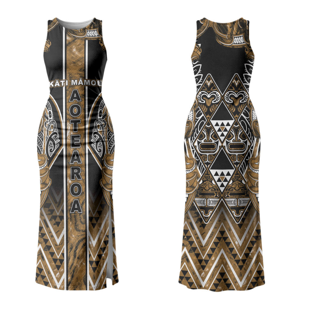 Aotearoa Kati Mamoe Couples Matching Tank Maxi Dress and Long Sleeve Button Shirt Maori Brown Tribal Paua Shell Pattern
